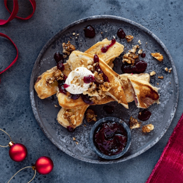 Pancakes with Batter-Dipped Bacon and Candied Cinnamon Walnuts and Ballymaloe Cranberry Sauce